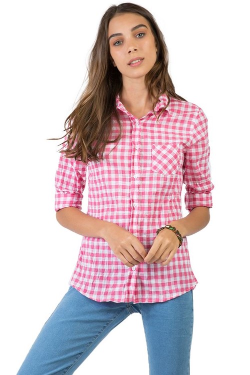 Camisa de Tecido Xadrez Branco / Rosa Branco / Rosa/PP
