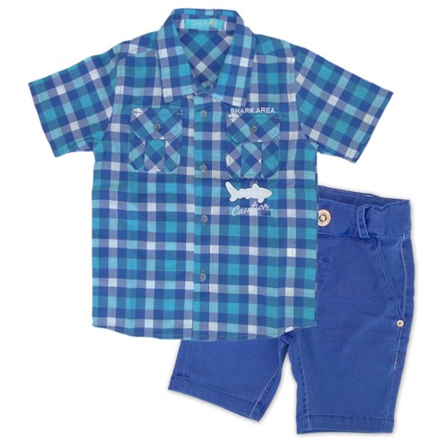 Camisa Infantil Xadrez Shark e Bermuda Azul Tamanho 1