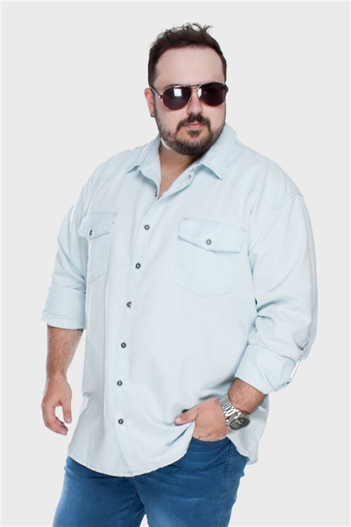 Camisa Jeans Bleached Plus Size Azul Claro-10