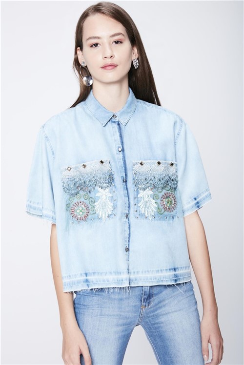 Camisa Jeans Cropped Bordado Recollect - Tam: UC/ Cor: Blue