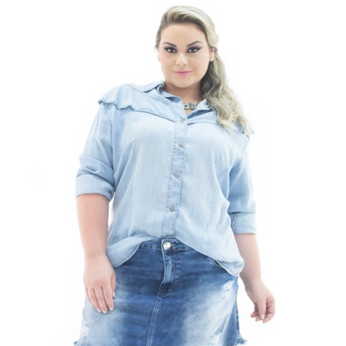 Camisa Jeans Feminina Manga Longa com Babado Plus Size