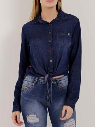Camisa Jeans Manga Longa Feminina Azul