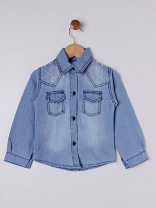 Camisa Jeans Manga Longa Infantil para Menina - Azul