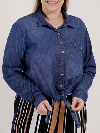 Camisa Jeans Manga Longa Plus Size Feminina Azul