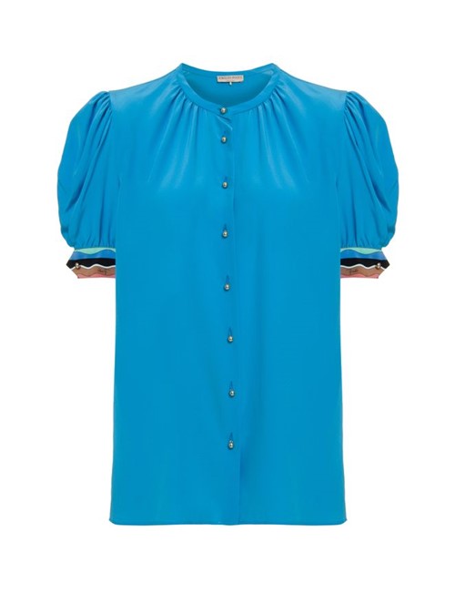 Camisa Manga Bufante de Seda Azul Tamanho 40