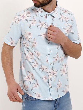 Camisa Manga Curta Floral Masculina Azul