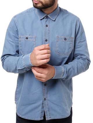 Camisa Manga Longa Jeans Masculina Elétron Azul Claro