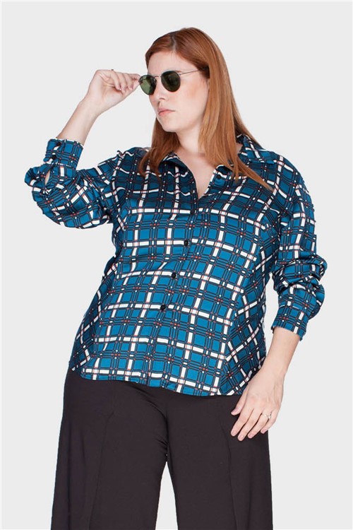 Camisa Palha Twill Xadrez Plus Size Azul Petróleo-48/50
