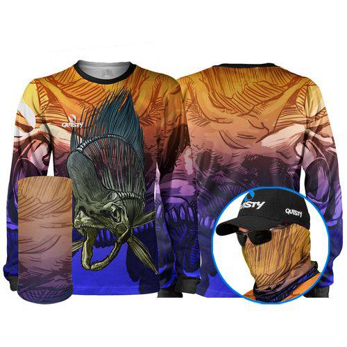 Camisa Pesca Esportiva Quisty Dourado do Mar Skull Fishing + Máscara de Proteção 50 UV