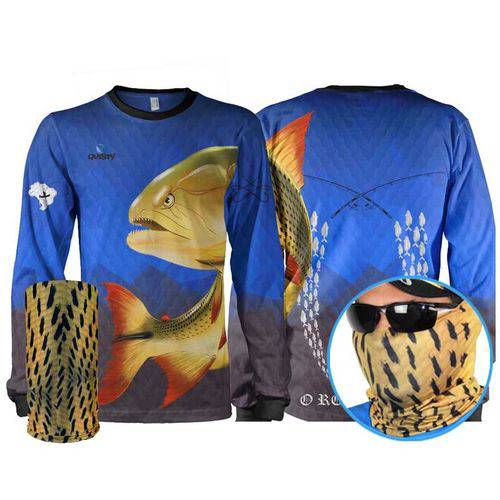 Camisa Pesca Esportiva Quisty Dourado o Rei do Rio + Máscara de Proteção 50 UV XGG - Camiseta de Pesca Quisty