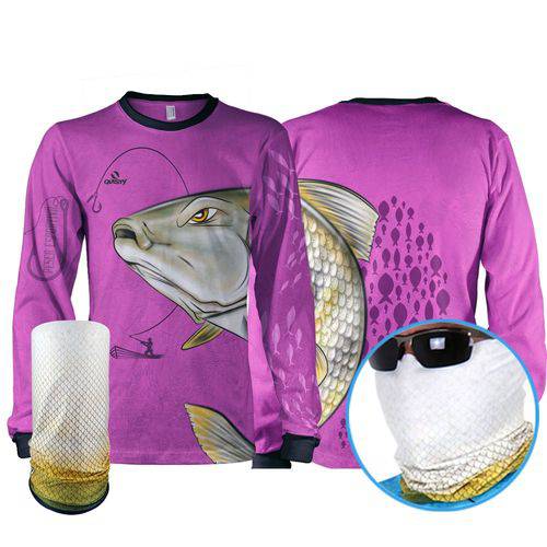 Camisa Pesca Esportiva Quisty Piapara a Lutadora das Águas + Máscara de Proteção 50 UV M - Camiseta de Pesca Quisty