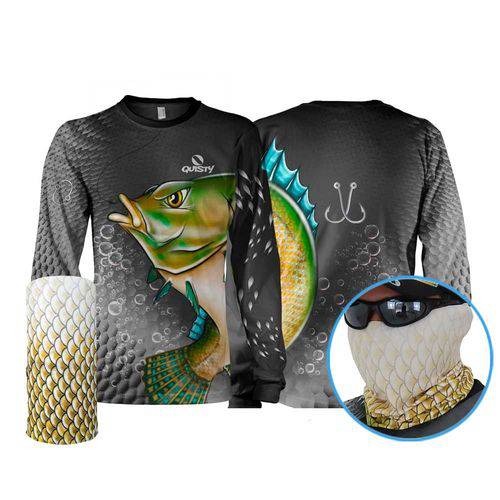 Camisa Pesca Esportiva Quisty Tilápia Bocuda + Máscara de Proteção 50 UV - Camiseta de Pesca Quisty P