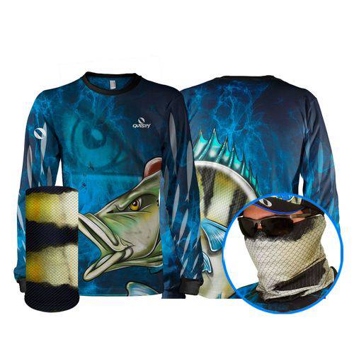 Camisa Pesca Esportiva Quisty Tucunaré Azul Camuflado + Máscara de Proteção 50 UV - Camiseta de Pesca Quisty