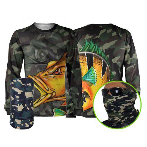 Camisa Pesca Esportiva Quisty Tucunaré Nervoso Camuflado + Máscara de Proteção 50 UV