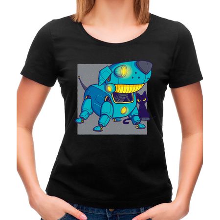 Camiseta Feminina Dog Robot P-PRETO