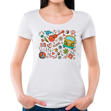 Camiseta Feminina Hippie Doodle P - BRANCO