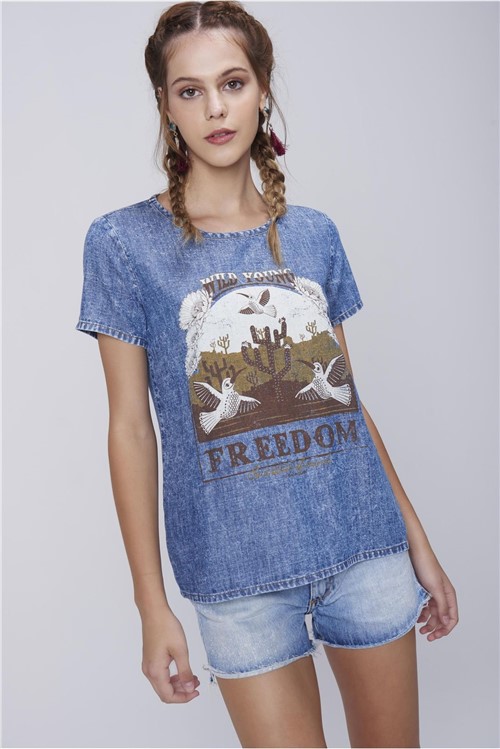 Camiseta Feminina Jeans Estampa Freedom
