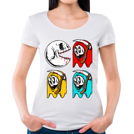 Camiseta Feminina Pac Skull P - BRANCO