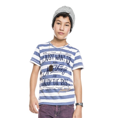 Camiseta Infantil Manga Curta em Malha Listrada Azul Johnny Fox Menino6