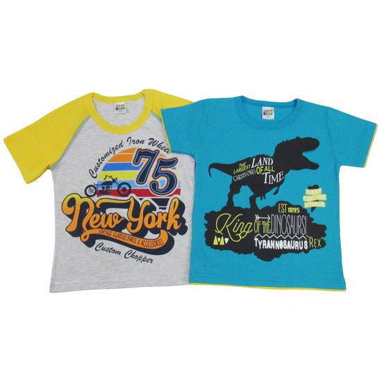 Camiseta Infantil Masculina Manga Curta Kit com 2 Unidades Cinza Mescla e Azul Turquesa-4