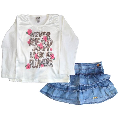 Camiseta Infantil Menina Cetim com Estampa Animal Print e Saia Rodada Babados Jeans Conjunto 2