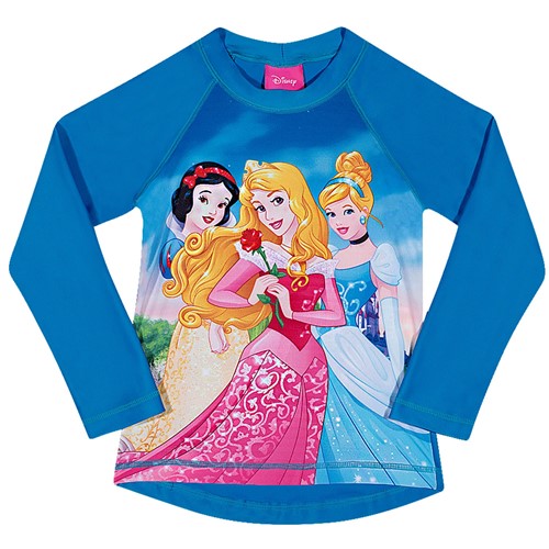 Camiseta Infantil Proteção Solar Princesas Disney Manga Longa Azul Tip Top 4 Anos