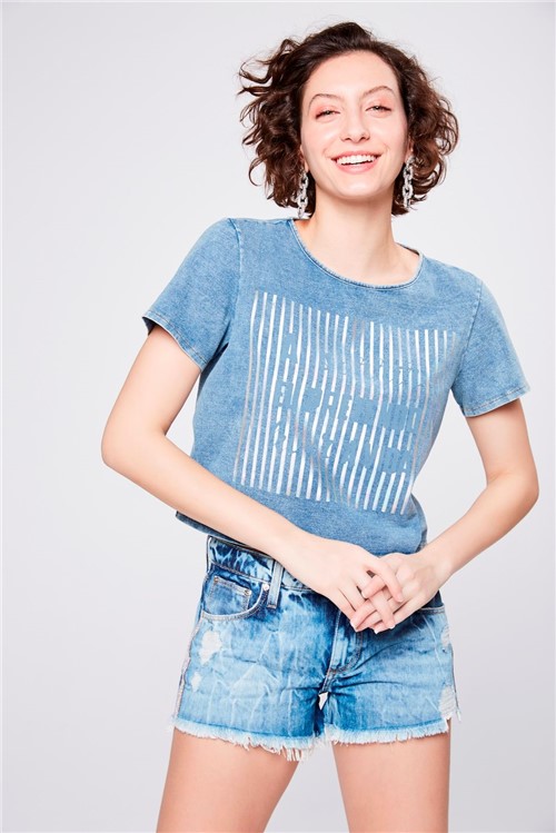 Camiseta Jeans com Estampa Metalizada