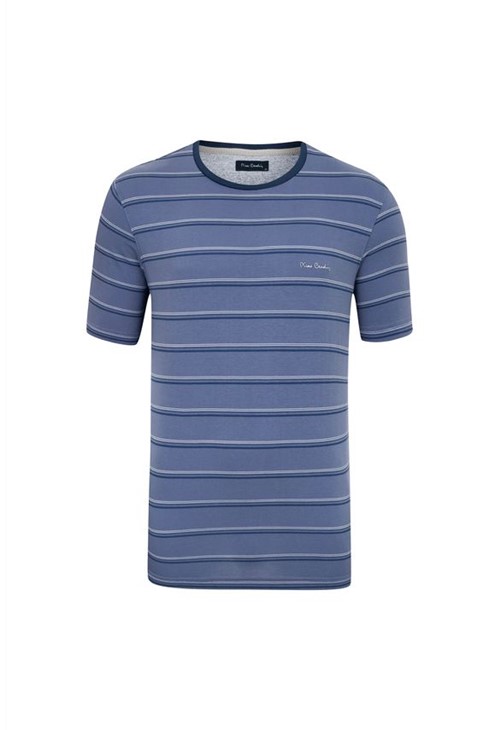 Camiseta Malha Listrada com Elastano Azul Carbono New P