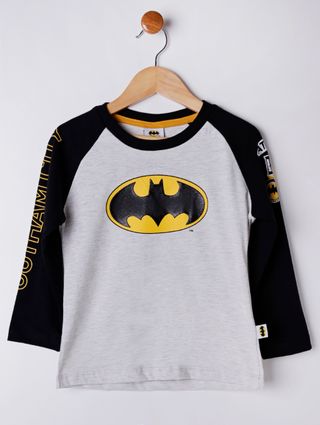 Camiseta Manga Longa Batman Infantil para Menino - Cinza/preto