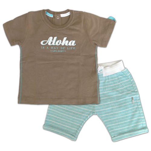 Camiseta Marrom Aloha e Bermuda Infantil Listrada Verde Tam M