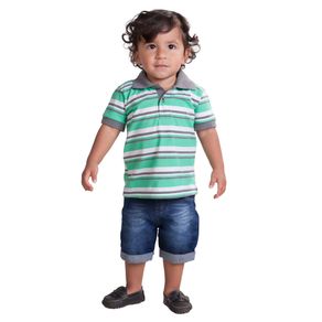 Camiseta Masculina Bebê - Listrado Verde Camiseta Verde - Bebê Menino - Meia Malha - Ref:34558-55-G