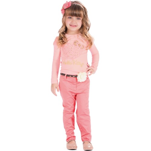 Camiseta Menina Coração Rosa e Calça Tecido com Cinto Flor Hello Kitty 4anos