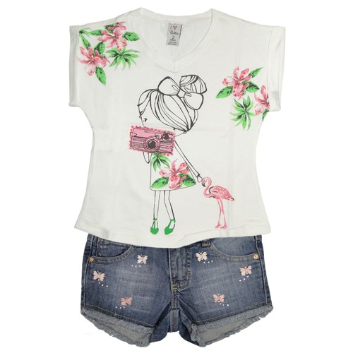 Camiseta Menina Fotógrafa e Short Infantil Jeans Borboletas Rosas Conj. 2