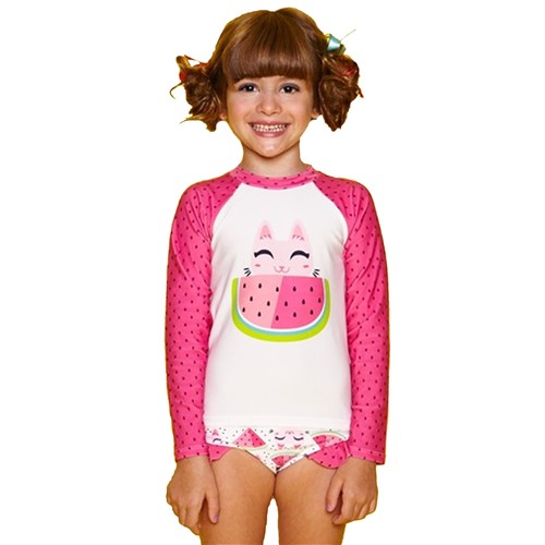 Camiseta Menina Gatinha Rosa Melancia ML com Proteção Solar Puket 6