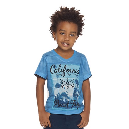Camiseta Menino em Meia Malha Azul "California" Manga Curta Quimby 2t