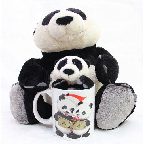 Caneca com Ursinhos de Pelúcia Panda Presente Natal