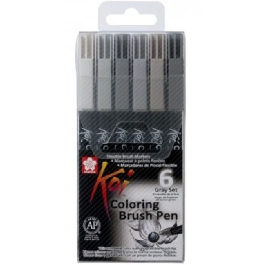 Caneta Pincel Koi Coloring Brush Pen 6 Cores Tons de Cinza Xbr-6 Miwa