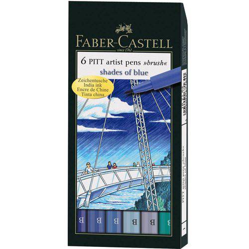 Canetas Pitt Brush Ponta Pincel Faber-Castell - Estojo com 6 Tons Celestes - Ref 167164