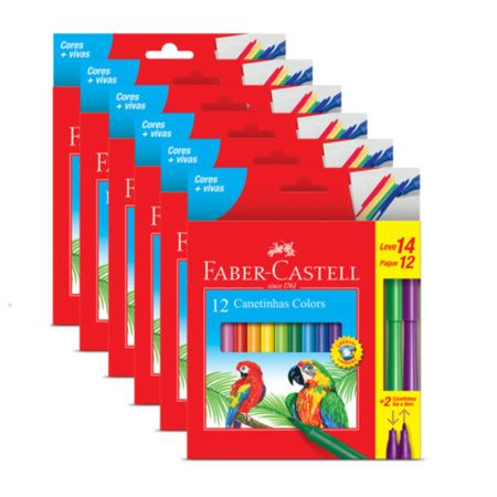 Canetinhas Colors 12 Cores Pct 6 Un Faber Castell + 2 Canetinhas Vai e Vem