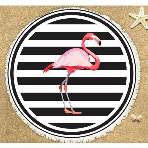 Canga de Praia Redonda Personalizada Flamingo Listras Preto e Branco Infantil