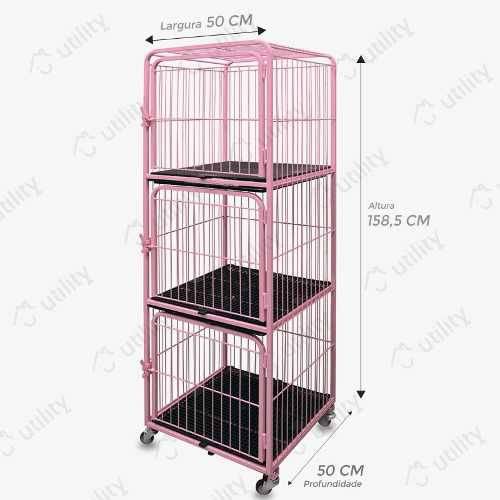 Canil Gatil Vertical 3 Lugares Rosa para Pet Shop