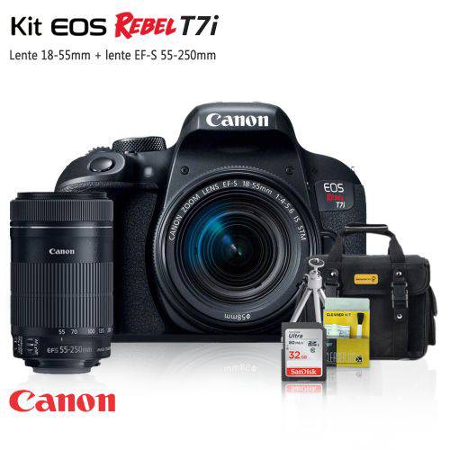 Canon T7i Kit Premium 18-55 + 55-250 + Bolsa + Cartão 32GB + Mini Tripé + Kit Limpeza