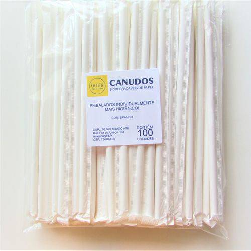 Canudo de Papel Biodegradável Branco Embalado Individualmente - Kit com 300 Unidades