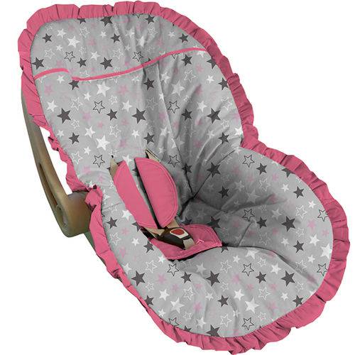 Capa Bebe Conforto Cinza com Estrelas Babado Rosa - Soninho de Bebê