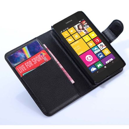 Capa Carteira em Couro Sintético para Nokia Lumia 530-PRETA