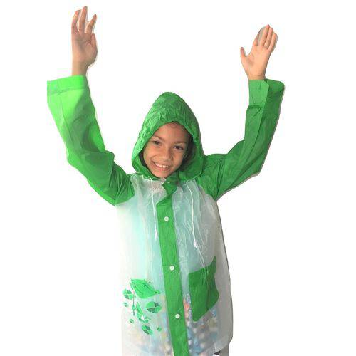 Capa de Chuva Infantil Verde do Sapinho com Bolso Touca Ajustável Tamanho G