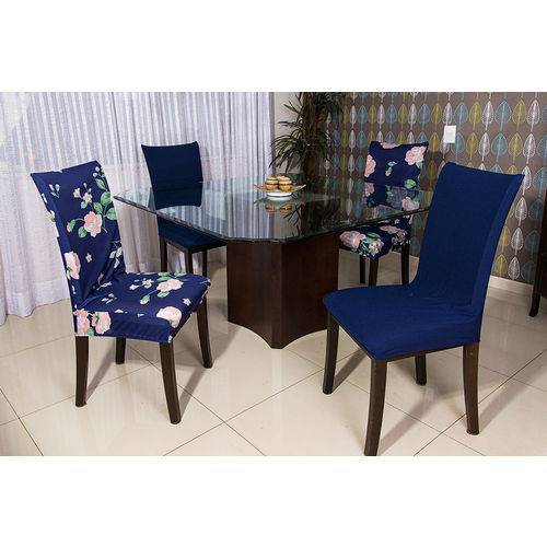 Capa para Cadeira de Malha Kit 6 Unidades - Cor Azul / Flores de Primavera - Raimundi Store