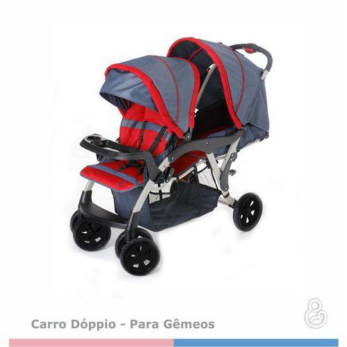 Carrinho de Bebê Doppio (gêmeos) Jeans/vermelho - Galzerano
