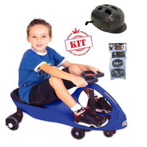 Carrinho Gira Car Azul Completo com Capacete Preto e Kit Proteção Infantil
