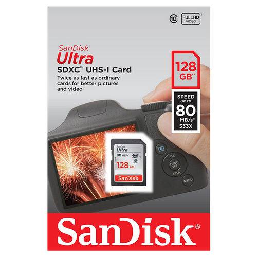 Cartão 128GB SD - Sandisk Ultra - Velocidade Até 80MB/s - Classe 10 - SDSDUNC-128G
